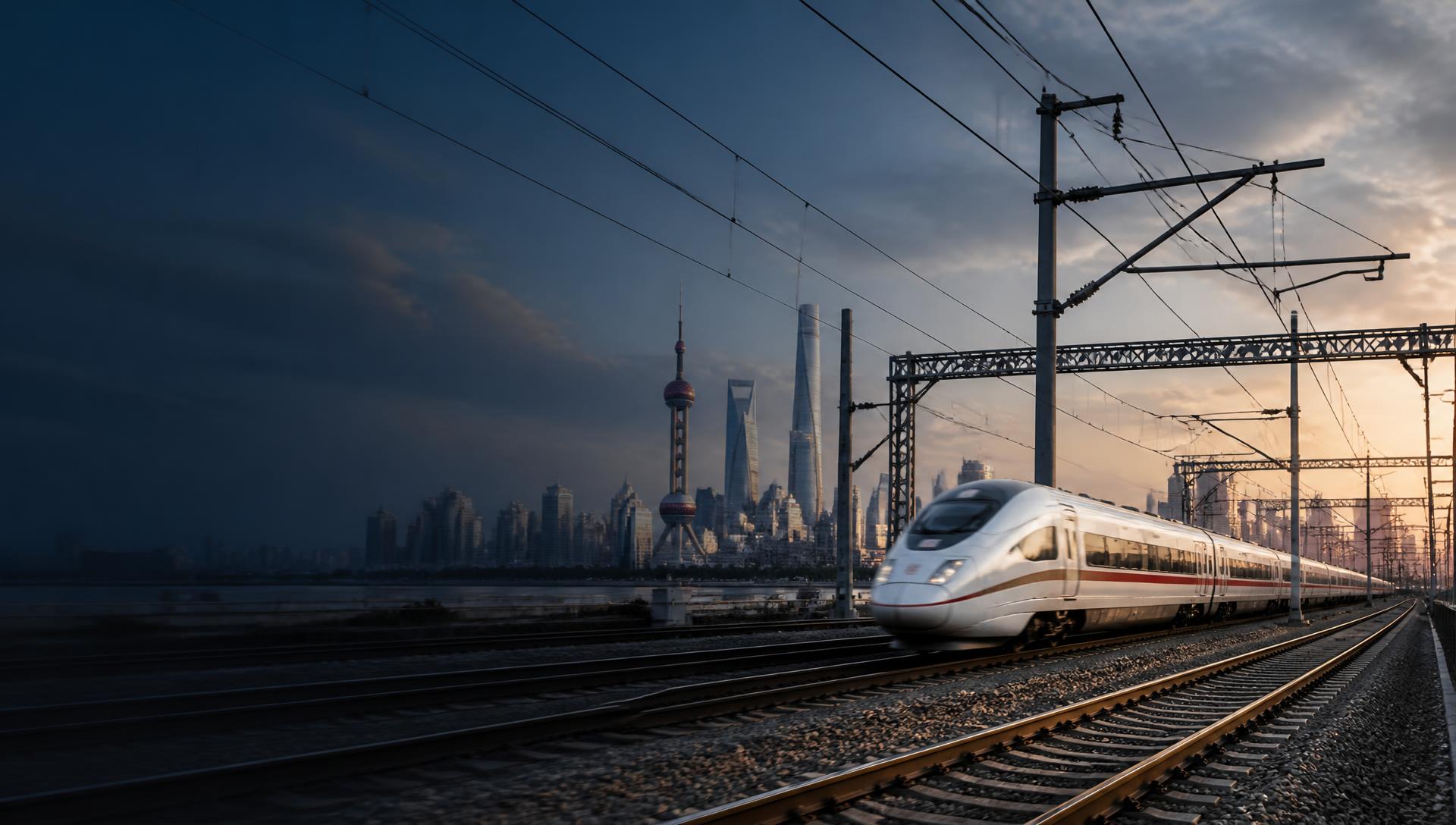 High-speed train running beneath overhead electrification infrastructure with the Shanghai skyline